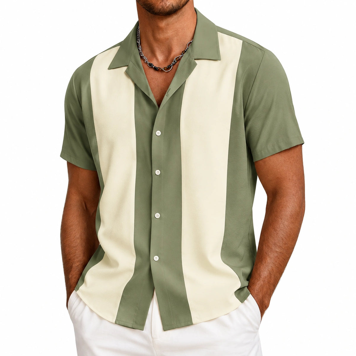 Chemise homme L en tissu vert et crème à rayures verticales style décontracté