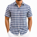 Chemise homme M en tissu tissé bleu marine et blanc à carreaux manches courtes style décontracté