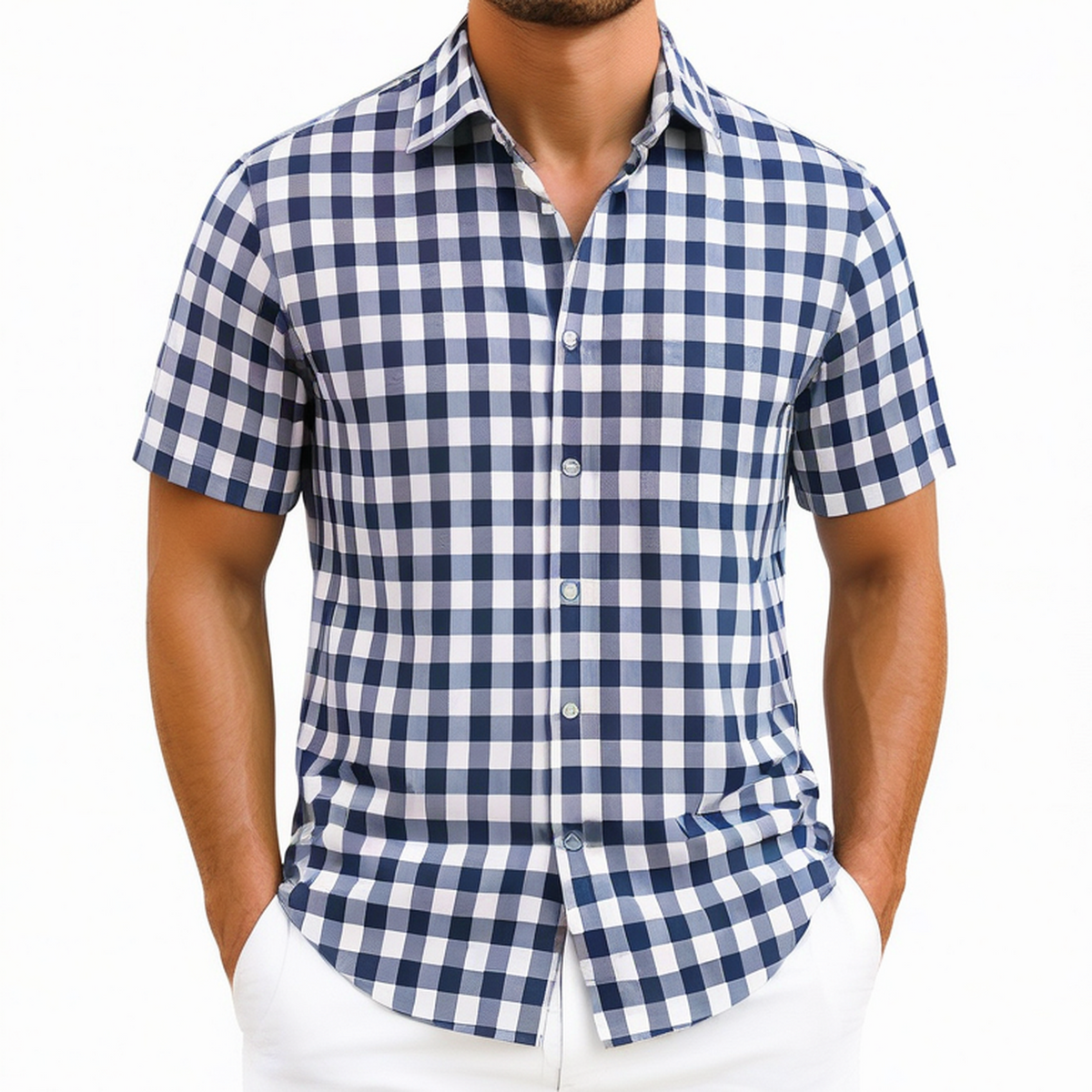 Chemise homme M en tissu tissé bleu marine et blanc à carreaux manches courtes style décontracté