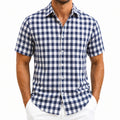 Chemise homme M en tissu tissé bleu marine et blanc à carreaux manches courtes style décontracté