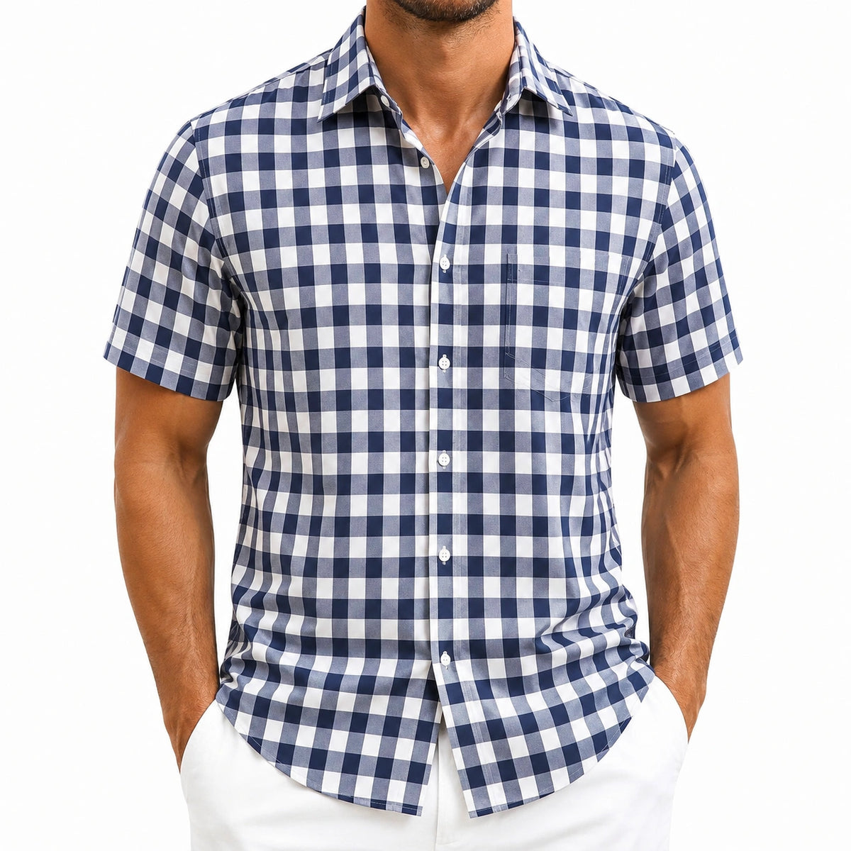 Chemise homme M en tissu tissé bleu marine et blanc à carreaux manches courtes style décontracté