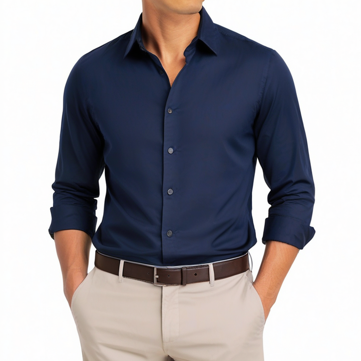 Chemise homme M en textile bleu marine à manches longues style habillé