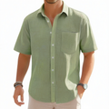 Chemise homme taille L en tissu aspect lin vert sauge à manches courtes style décontracté