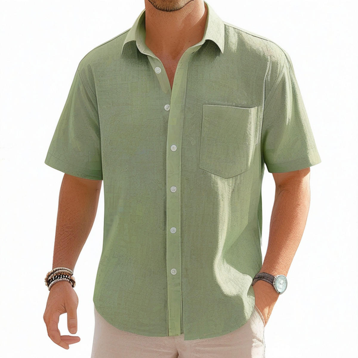 Chemise homme taille L en tissu aspect lin vert sauge à manches courtes style décontracté