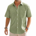 Chemise homme taille L en tissu aspect lin vert sauge à manches courtes style décontracté
