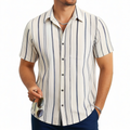 Chemise homme L en tissu tissé beige à rayures bleues manches courtes style décontracté