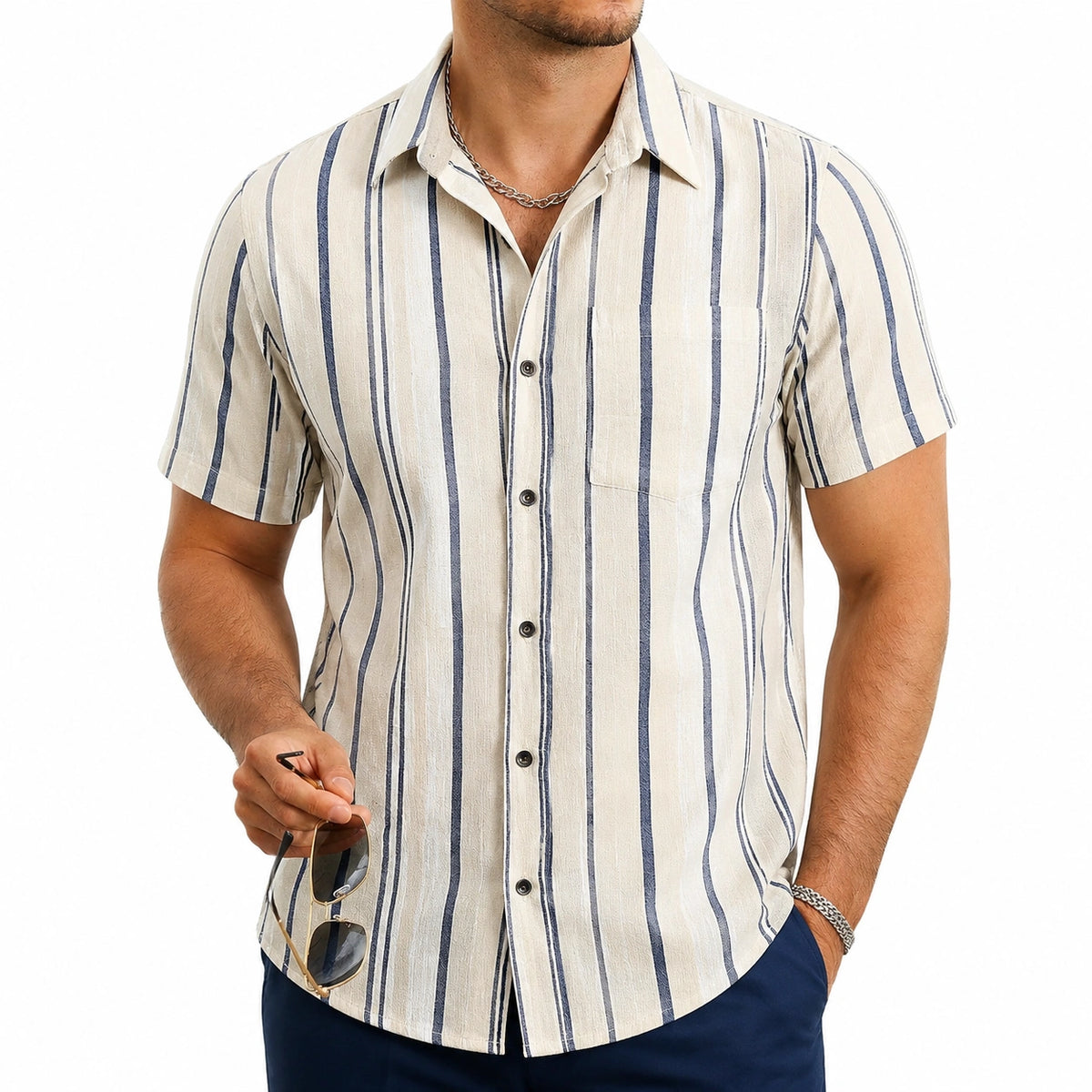 Chemise homme L en tissu tissé beige à rayures bleues manches courtes style décontracté