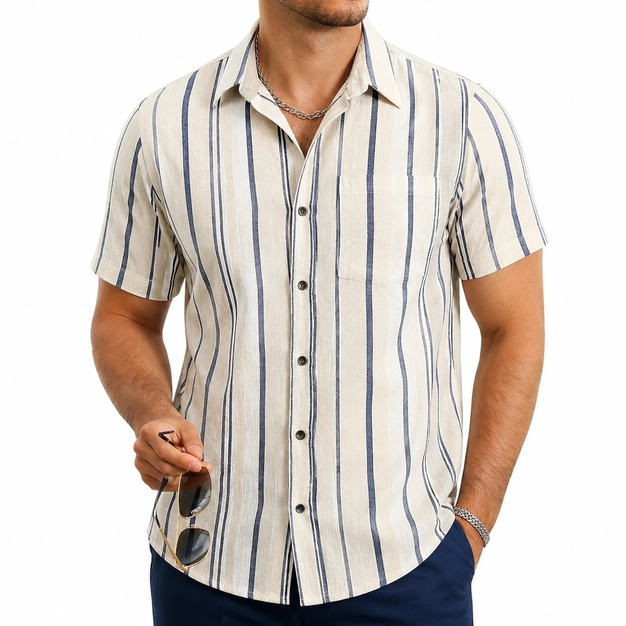 Chemise homme L en tissu tissé beige à rayures bleues manches courtes style décontracté