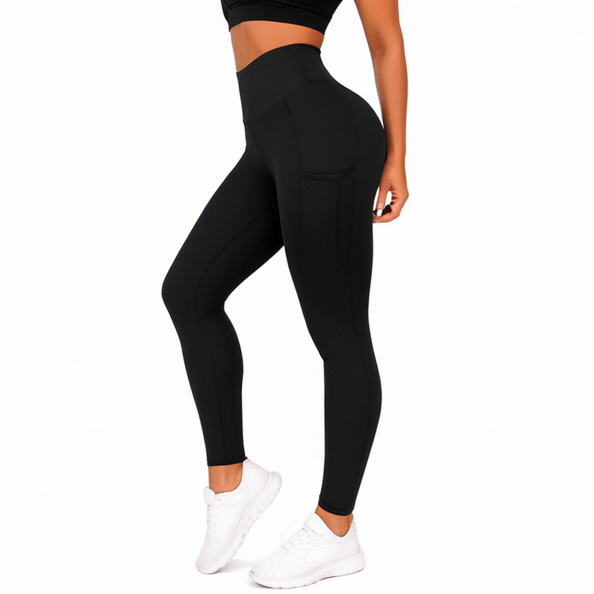Legging femme taille S noir en tissu extensible taille haute avec poches latérales