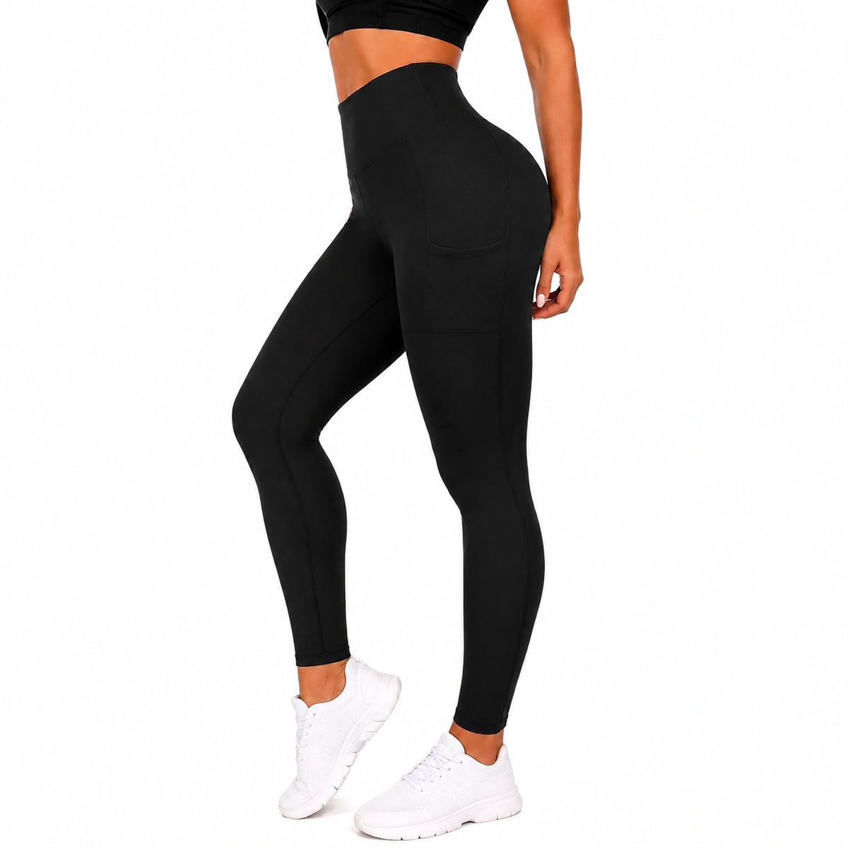 Legging femme taille S noir en tissu extensible taille haute avec poches latérales