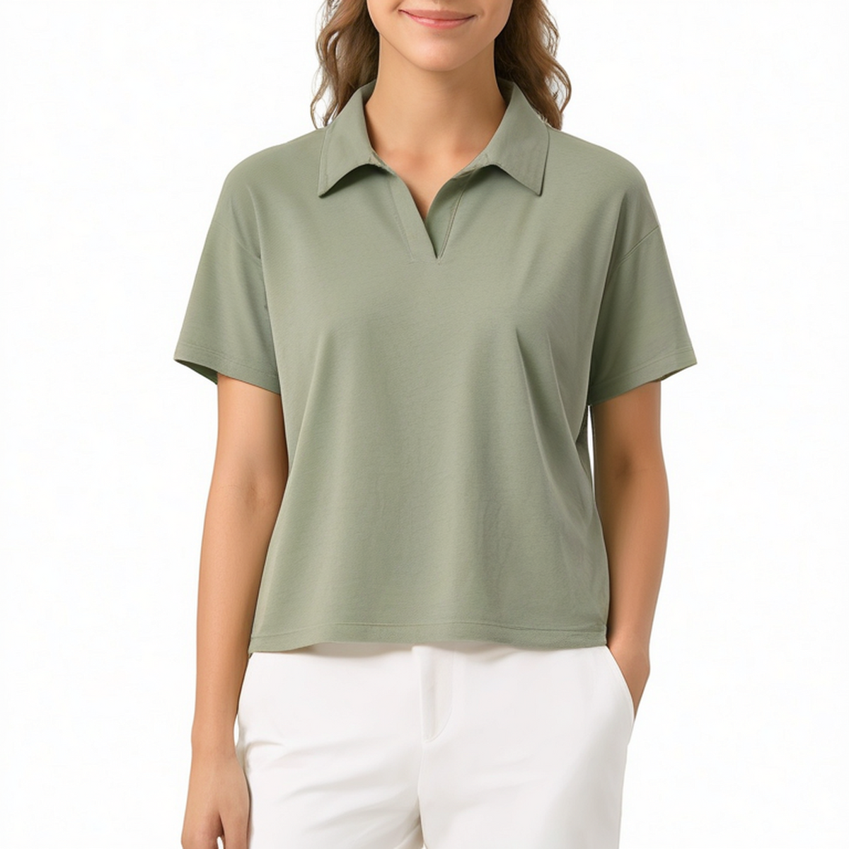 Polo femme M en tissu vert sauge à manches courtes coupe décontractée