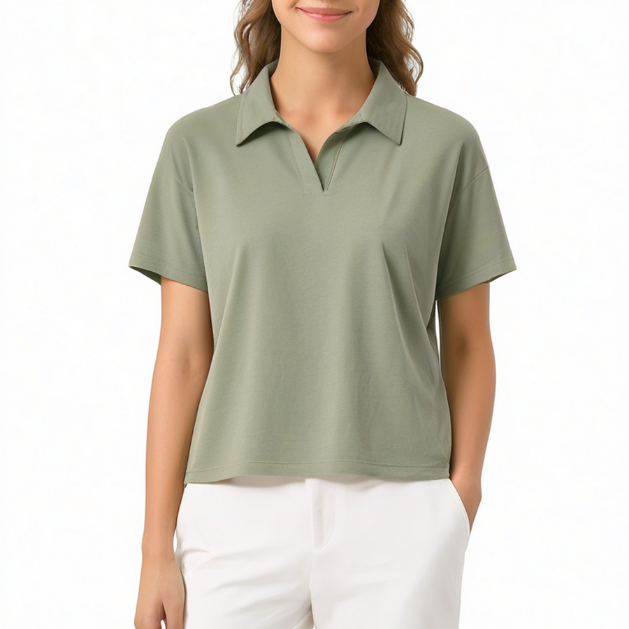 Polo femme M en tissu vert sauge à manches courtes coupe décontractée