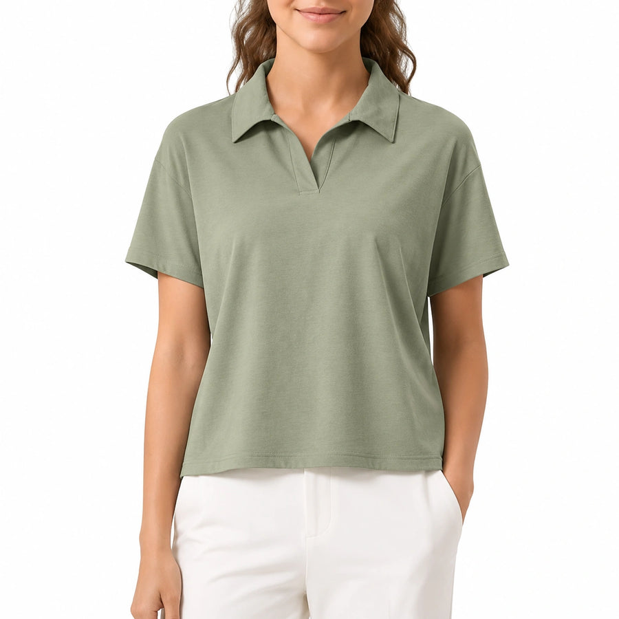 Polo femme M en tissu vert sauge à manches courtes coupe décontractée
