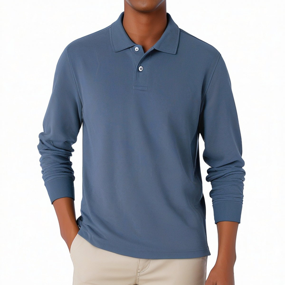 Polo homme M en maille bleu ardoise à manches longues col boutonné