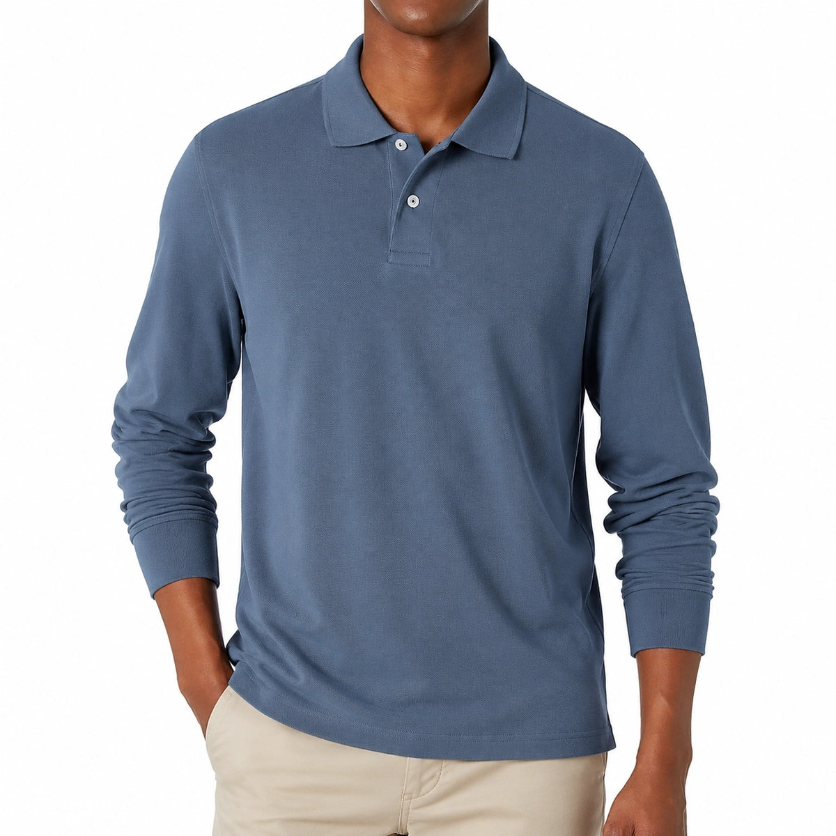 Polo homme M en maille bleu ardoise à manches longues col boutonné