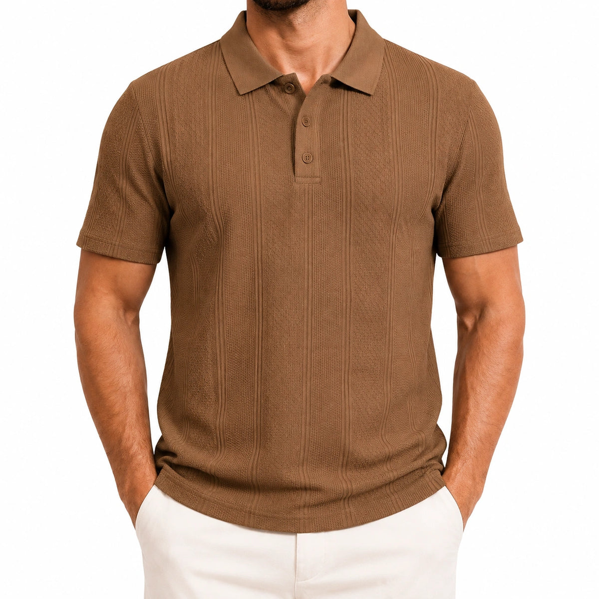 Polo homme taille M en maille marron à manches courtes texturées