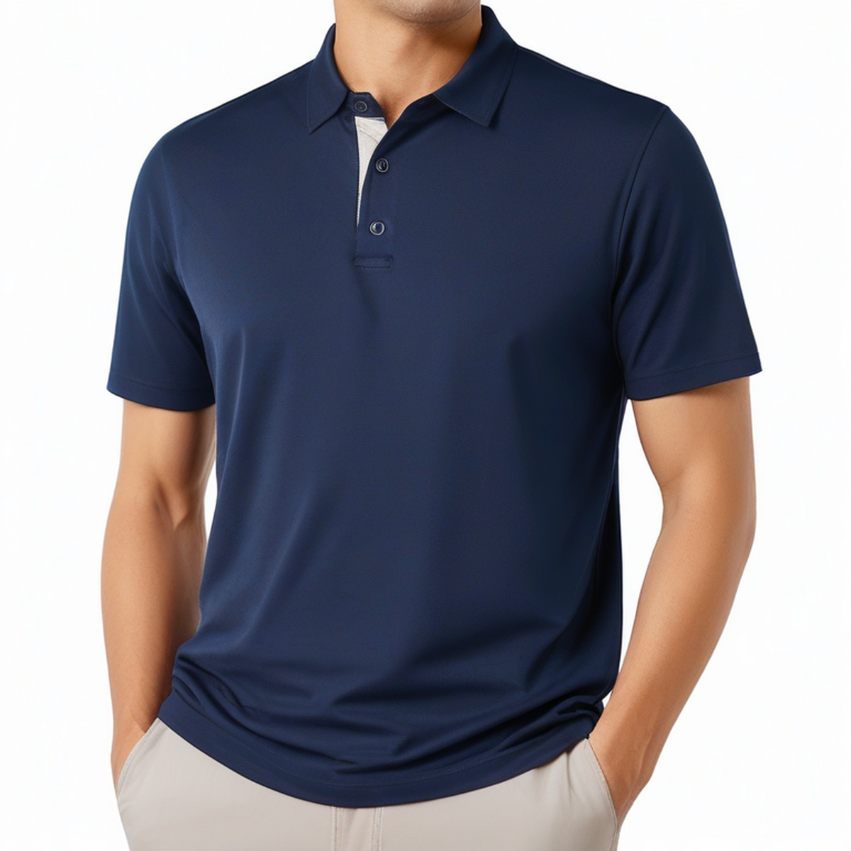 Polo homme L bleu marine en tissu synthétique à manches courtes style classique