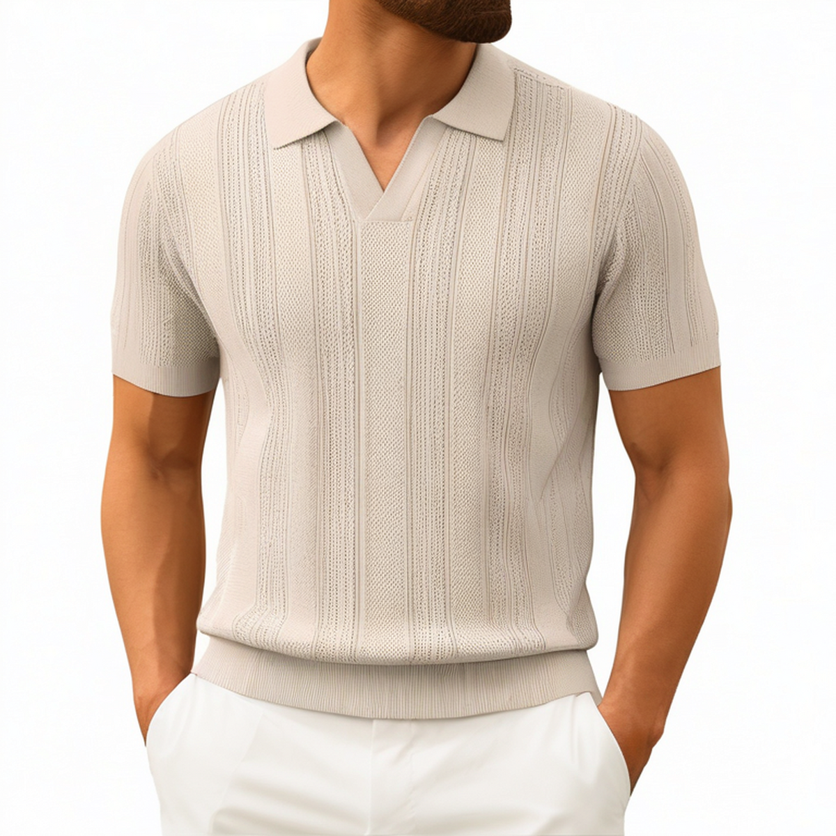 Polo homme L en maille beige à manches courtes texture ajourée