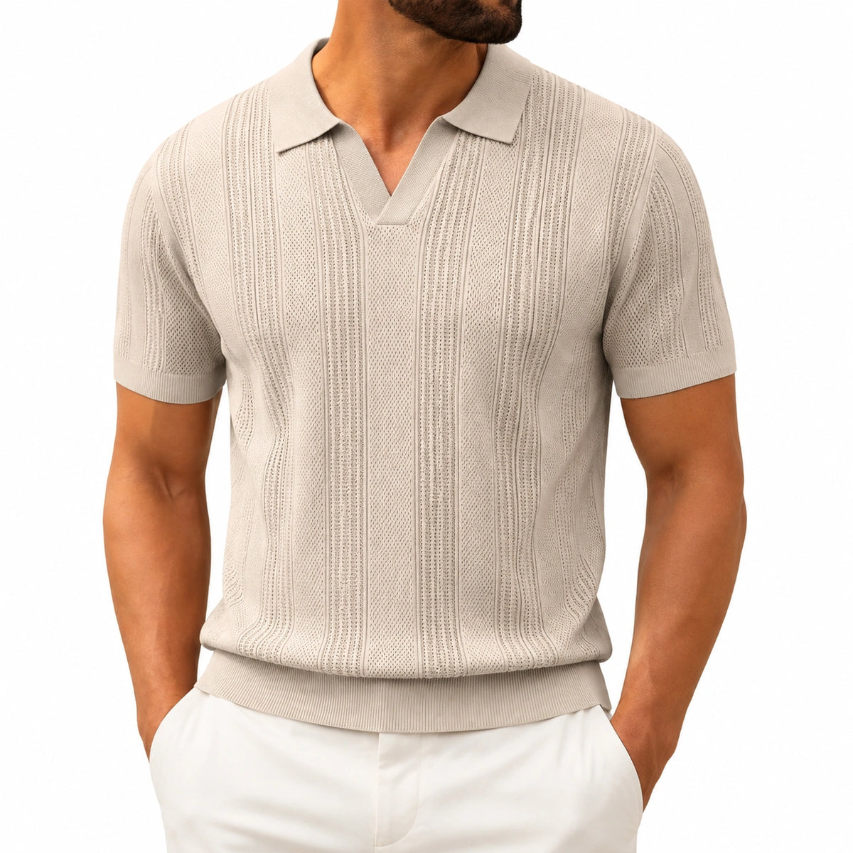 Polo homme L en maille beige à manches courtes texture ajourée