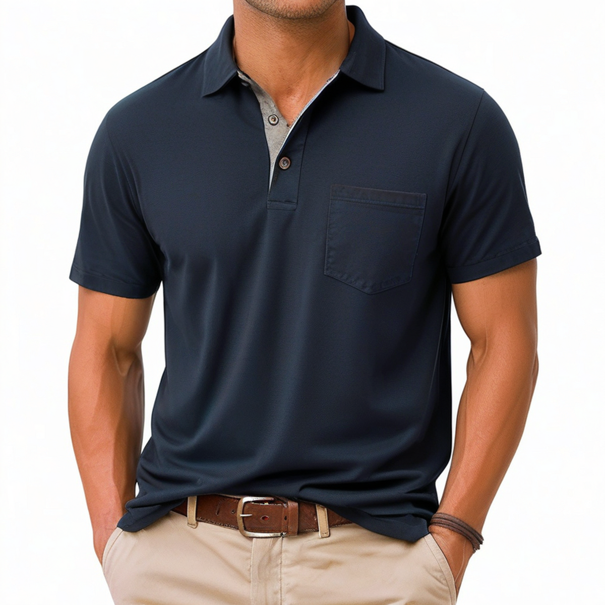 Polo homme taille L bleu marine en tissu souple à manches courtes avec poche poitrine