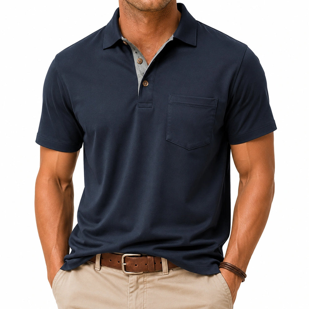 Polo homme taille L bleu marine en tissu souple à manches courtes avec poche poitrine