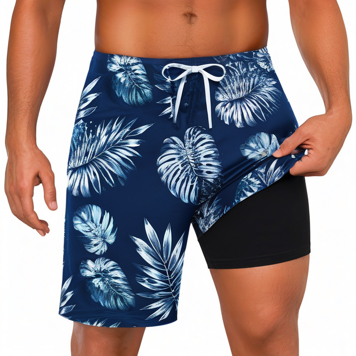 Short de bain homme M bleu à motif feuillage avec doublure ajustée