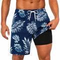 Short de bain homme M bleu à motif feuillage avec doublure ajustée