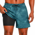 Short de bain homme M bleu pétrole imprimé végétal avec doublure moulante