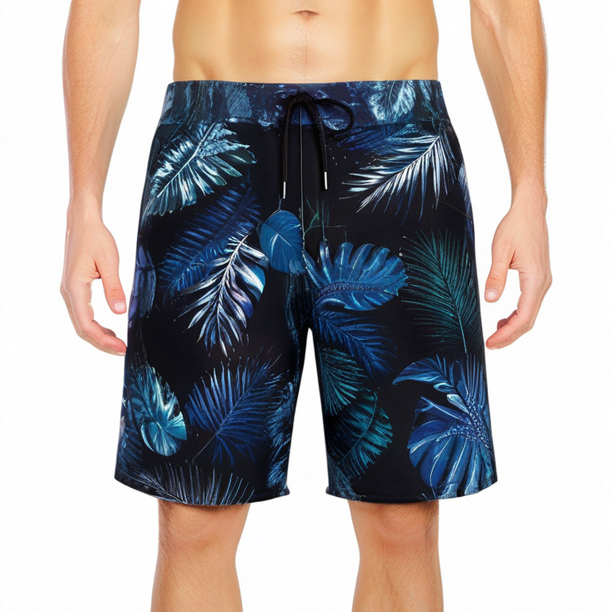 Short de bain homme taille M tissu synthétique noir bleu motif tropical avec cordon de serrage