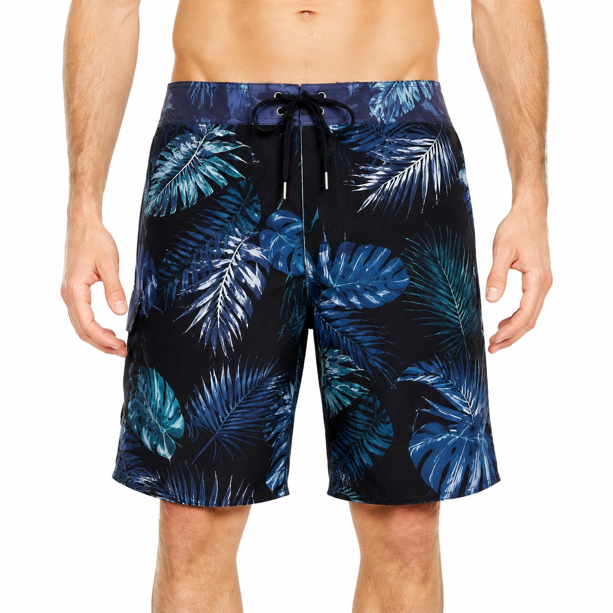 Short de bain homme taille M tissu synthétique noir bleu motif tropical avec cordon de serrage