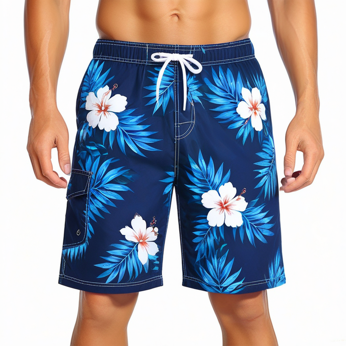 Short de bain homme taille L bleu à imprimé floral avec cordon de serrage