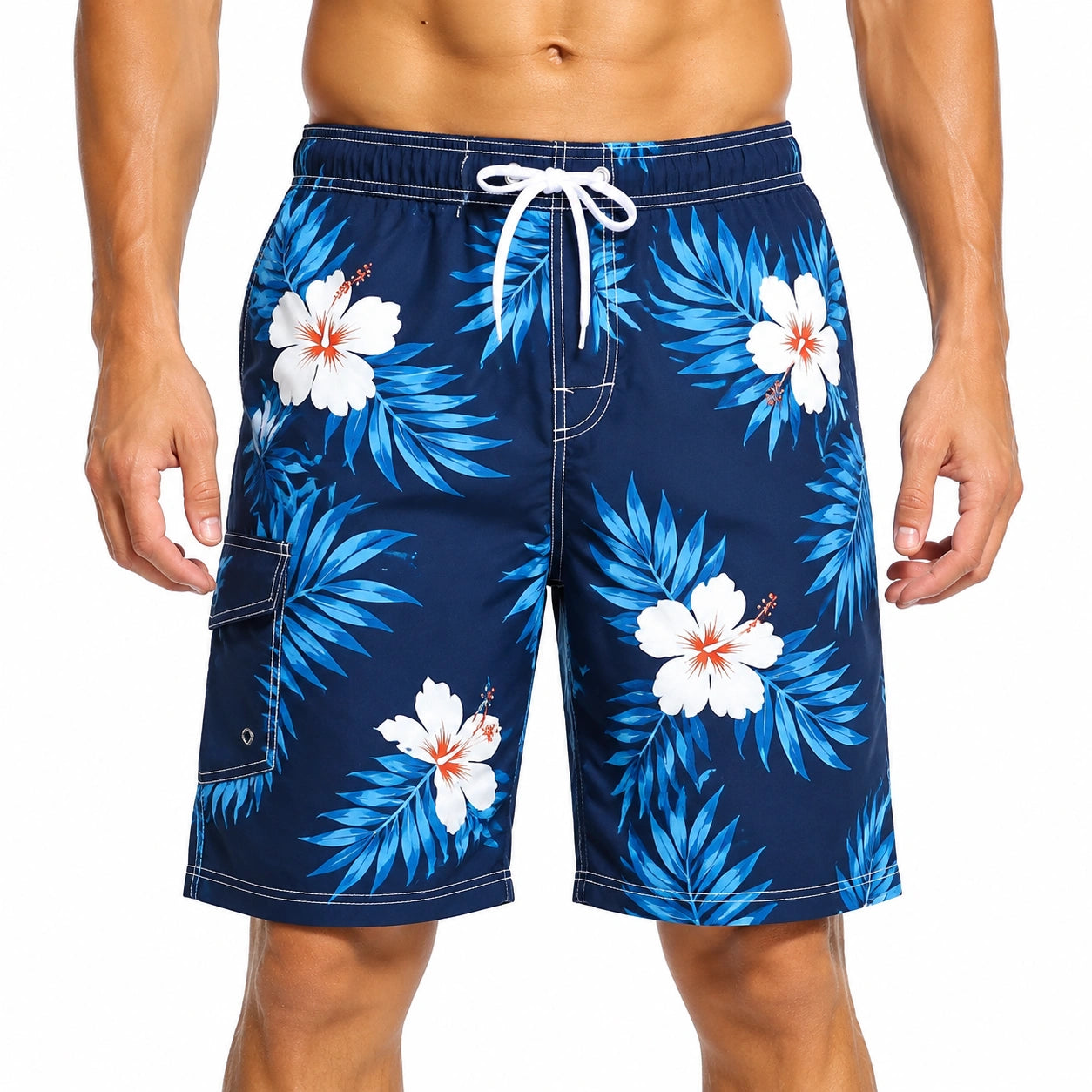Short de bain homme taille L bleu à imprimé floral avec cordon de serrage