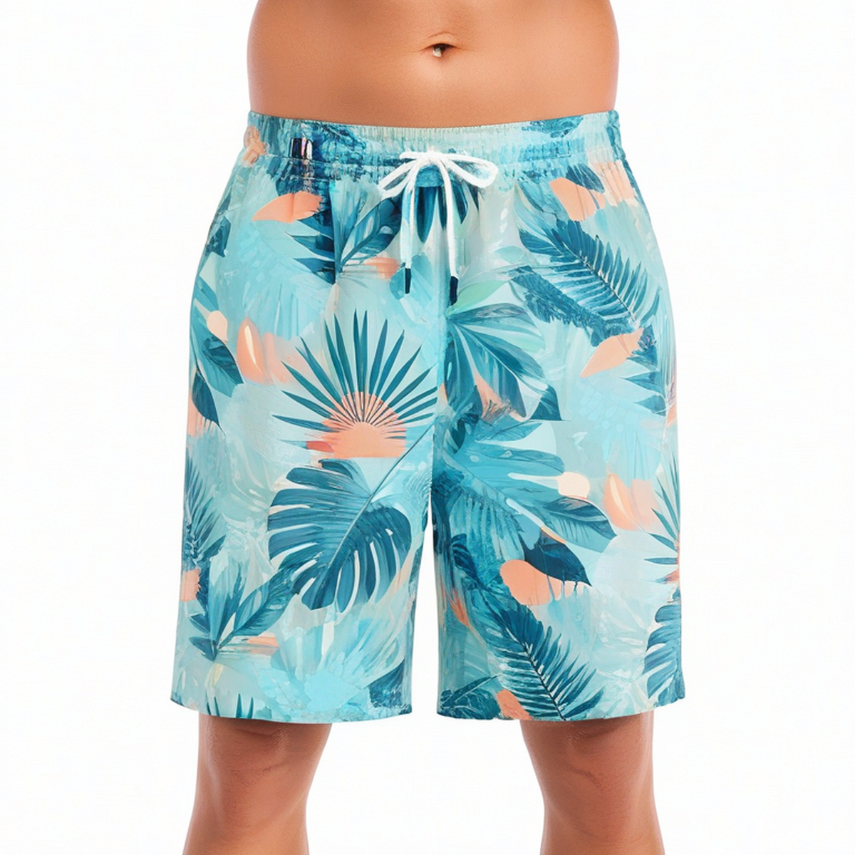 Short de bain homme taille L bleu à motif tropical avec taille élastique et cordon
