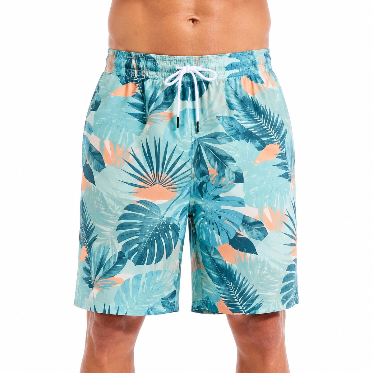 Short de bain homme taille L bleu à motif tropical avec taille élastique et cordon