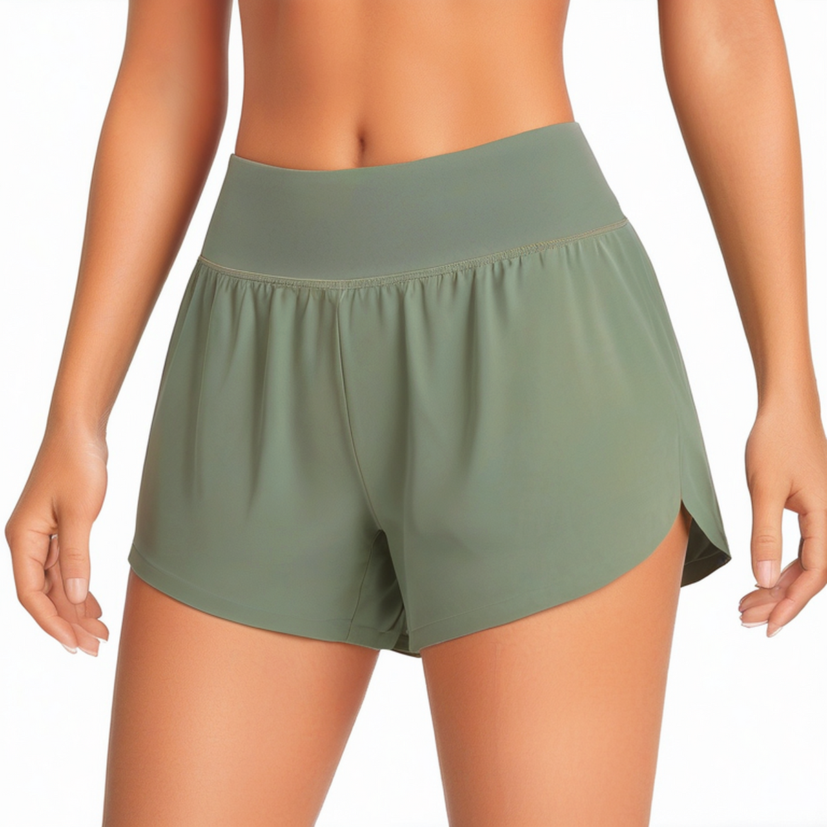Short femme taille M vert kaki en tissu léger taille haute style sportif