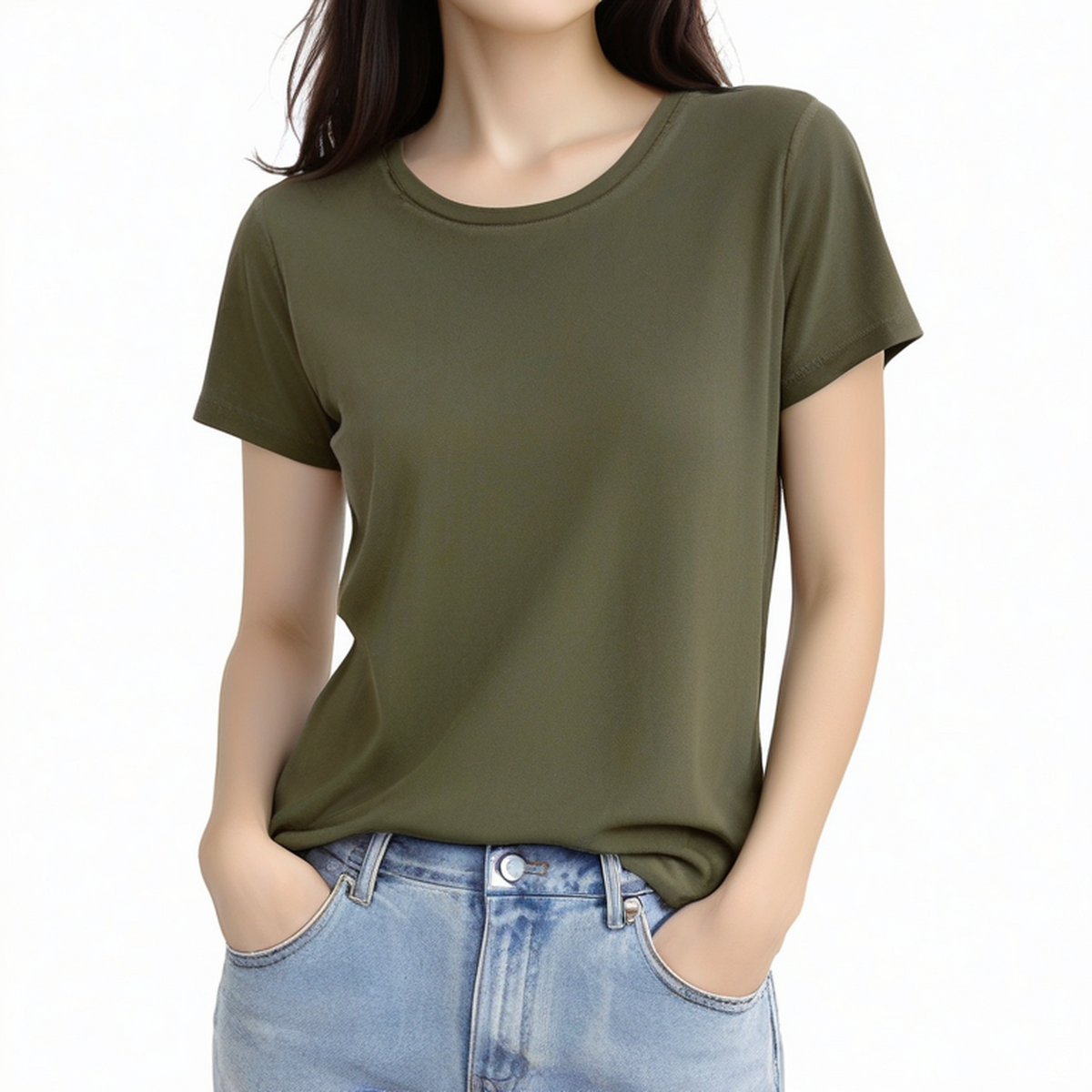 T-shirt femme S en tissu vert kaki à manches courtes coupe décontractée