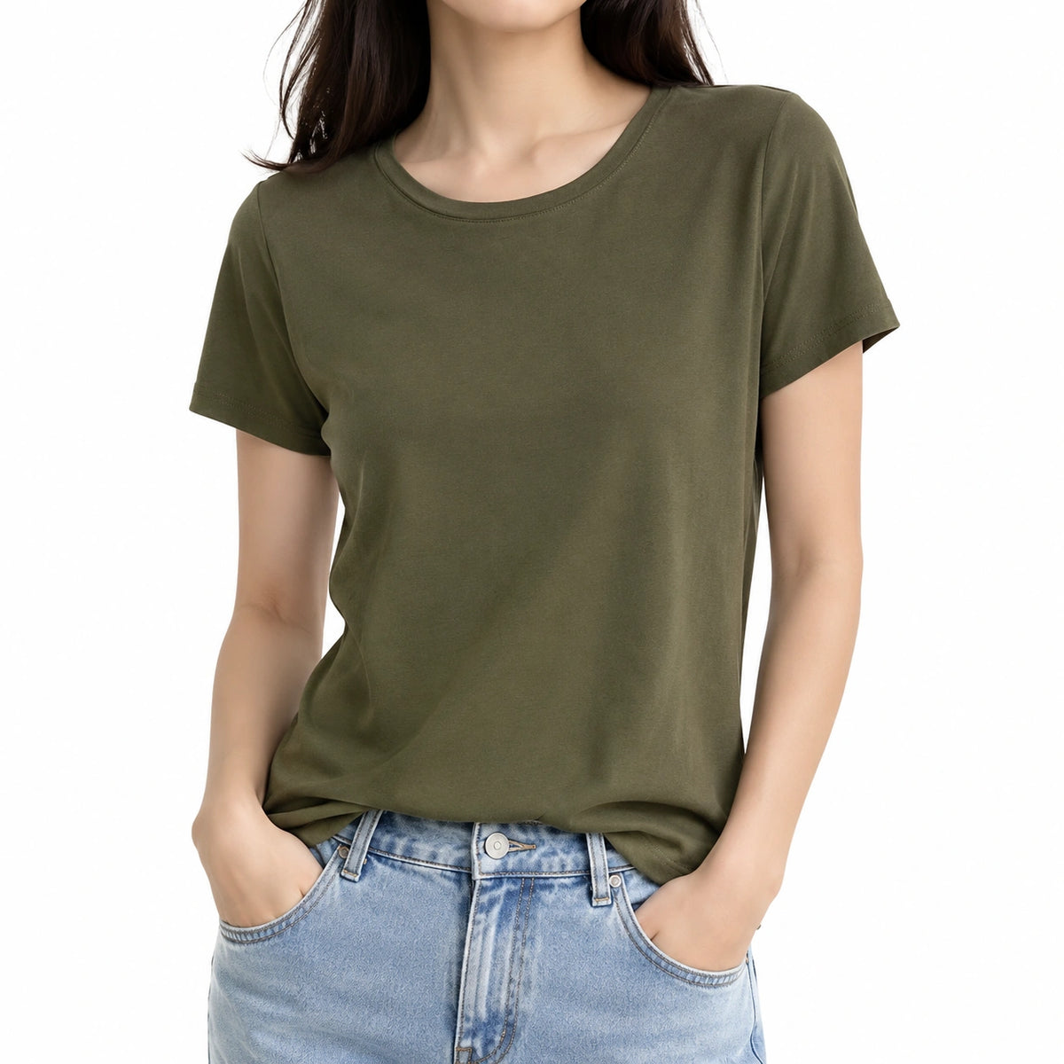 T-shirt femme S en tissu vert kaki à manches courtes coupe décontractée