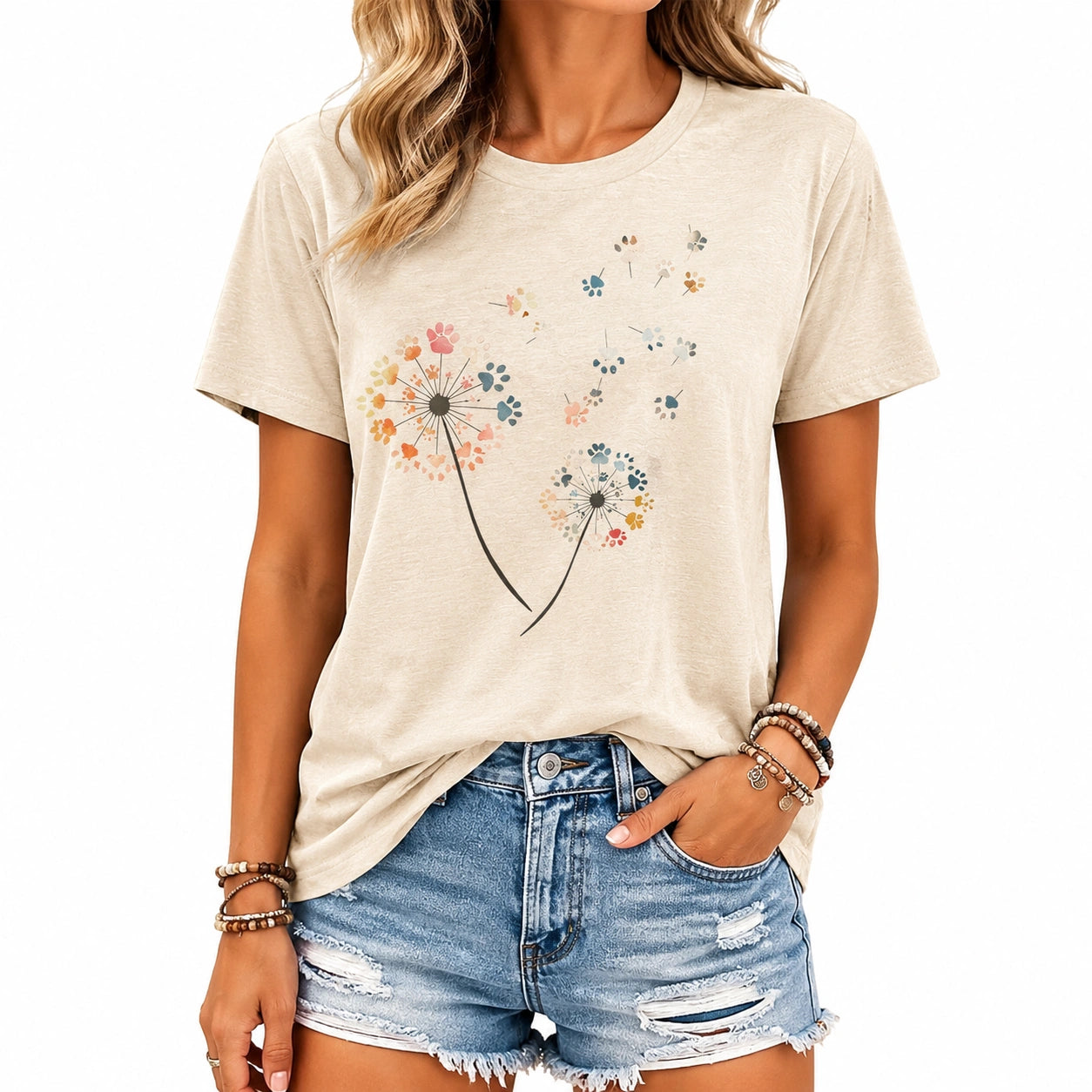 T-shirt femme S beige imprimé fleurs col rond manches courtes décontracté