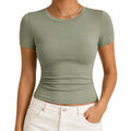 T-shirt femme L vert kaki manches courtes coupe ajustée en tissu extensible