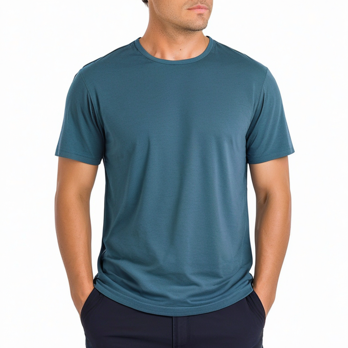 Tee-shirt homme L en jersey bleu pétrole à col rond manches courtes décontracté